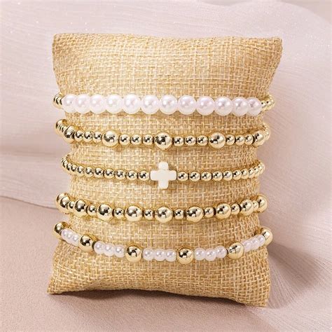 Fashion Personality Style Turquoise Cross Pearl CCB Beaded Elastic ...