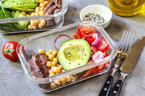 Healthy Meal Prep Containers with Chickpeas, Goose Meat Stock Photo ...