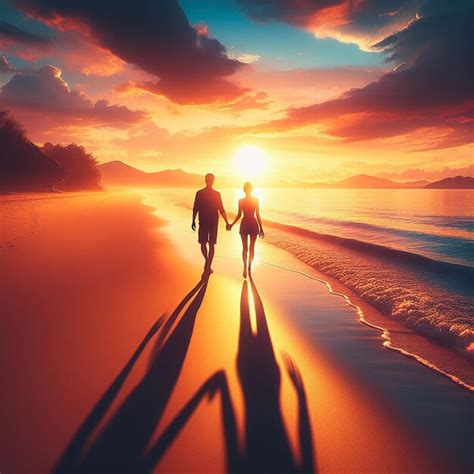 Premium Photo | A couple walking hand in hand along a beach at sunset