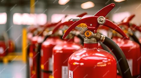A row of red fire extinguisher gas tanks are lined up in a row ...