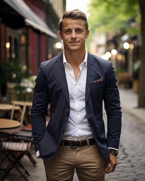 Business Casual Blue Blazer with Brown Pants | Hockerty