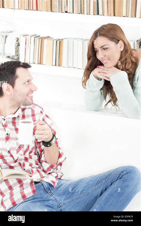 couple talking to each other smiling in the morning, romantic conversation between two people ...