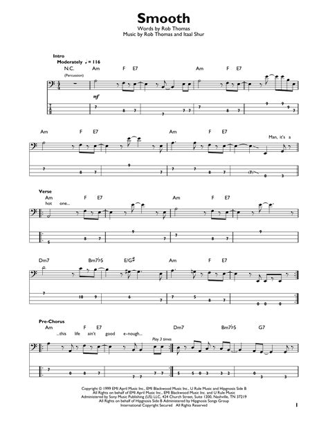 Smooth (feat. Rob Thomas) by Santana Sheet Music for Easy Bass Tab at ...