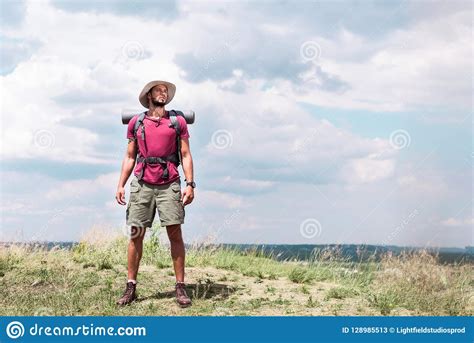 Handsome Hiker with Backpack Standing on Summer Meadow Stock Image ...