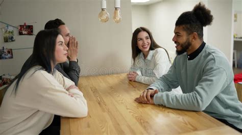 Diverse Multiracial Friends Relaxing and Communicating at Kitchen Room after Work Stock Video ...