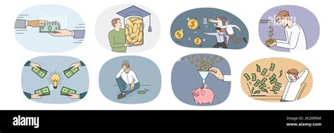 Set of diverse people strive for financial success and stability. Collection of men aim money ...