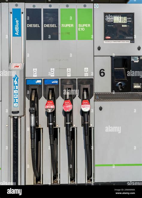 Petrol station pump, AdBlue, diesel, Super, Super E10, petrol, fuels, pump nozzle, display, fuel ...