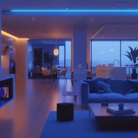 Stylish Modern Living Room with Smart Ambient Lighting. Blue and Warm ...