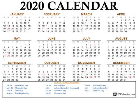 Free Printable 2020 Calendar | 123Calendars.com