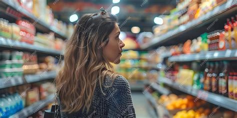 Premium Photo | Woman shopping in grocery store comparing products based on nutrition and prices ...