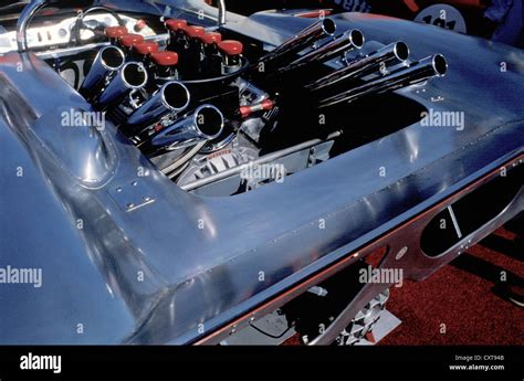 Closeup of engine bay in a vintage race car at the Monterey Historic ...