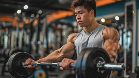 Premium Photo | Young man lifting weights at the gym