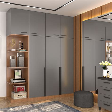 Grey Hinged Modern Wardrobe Design Idea with Loft and Mirror | Livspace