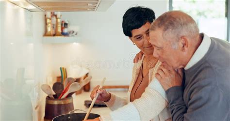 Food, Laughing and a Senior Couple in the Kitchen Together, Bonding ...