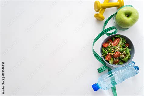 fitness equipment and healthy food Stock Photo | Adobe Stock