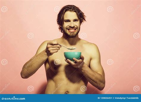 Healthy Food. Happy Muscular Man Eating Morning Breakfast Stock Image ...