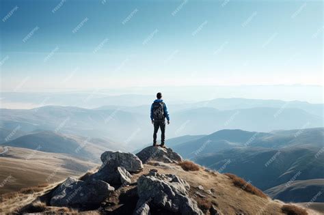 Premium Photo | A man stands on a mountain top and looks out at the ...