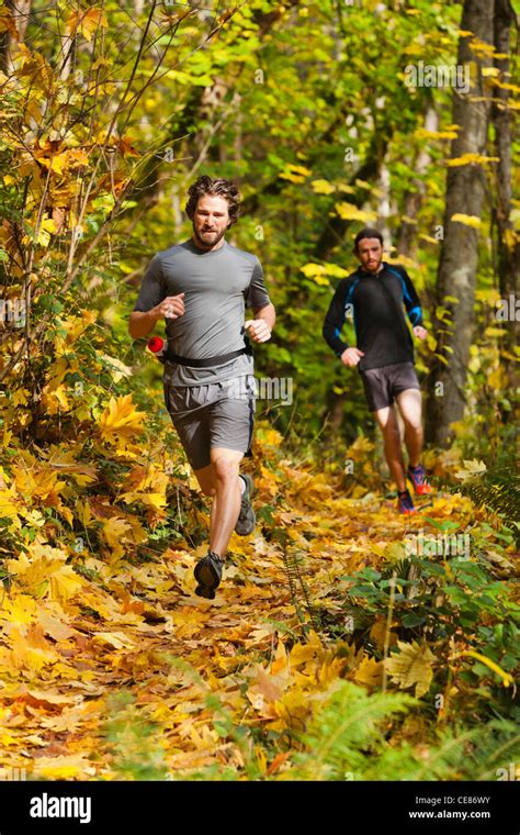 Two men trail running through a forest in the Fall colors Stock Photo ...