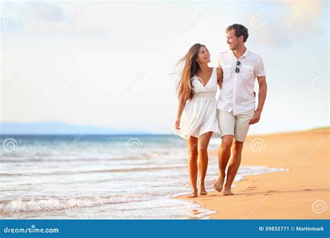 Beach Couple Walking on Romantic Travel Stock Image - Image of ...