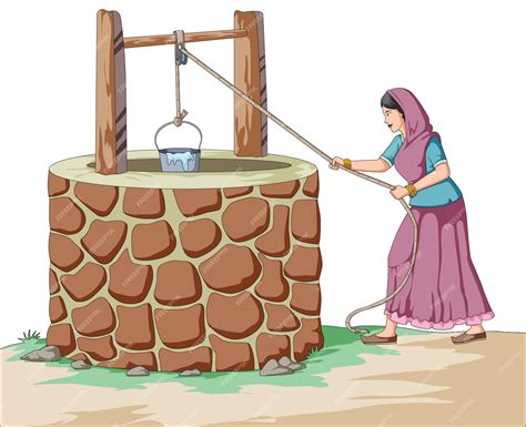 Premium Vector | Village woman pulling out water in a bucket from well