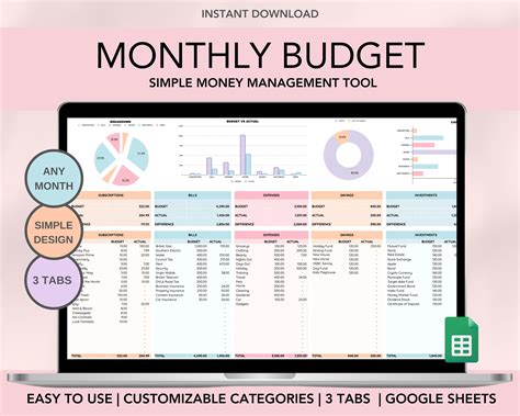 Monthly Budget Spreadsheet, Expense and Budget Tracker, Simple Paycheck ...