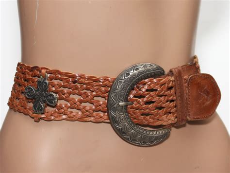 Wide Braided Tan Leather Belt w conchos &amp; Crescent Bu… - Gem