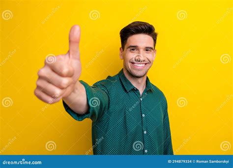 Photo of Cheerful Man Wear Stylish Clothes Hand Demonstrate Thumb Up ...