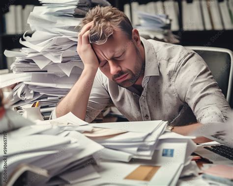 Stressed Man at Office Workplace Generative AI. Depict the modern workplace with a unique ...