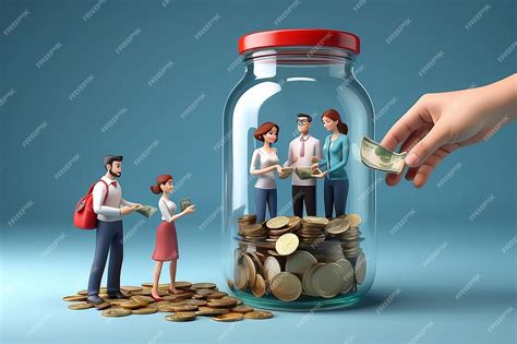 Premium Photo | 3d family couple saving money in jar man and woman inserting cash into glass jar ...