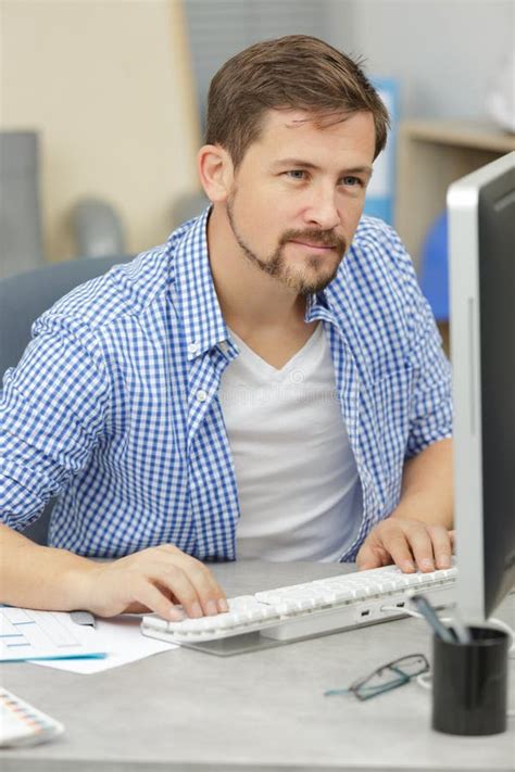 Focused Man Working in Office on Pc Stock Image - Image of indoors ...