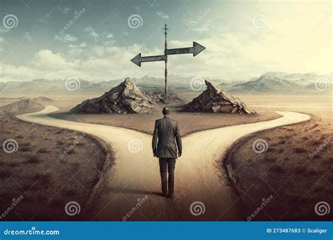 Man Standing at Crossroad Choosing Right Path, Choice Concept, Generative AI Stock Illustration ...