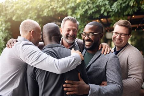 Premium AI Image | Supportive diverse male friends hugging each other at group therapy session