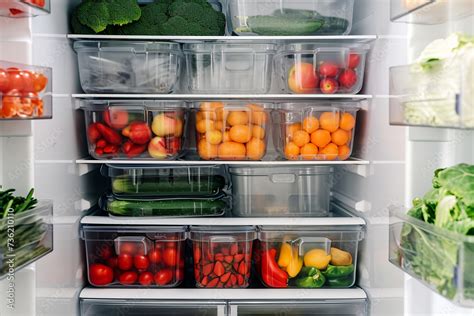 Foto de Glass boxes and cans with fresh food refrigerator storage concept decanting. Organized ...