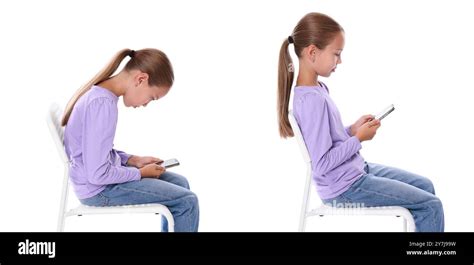 Good and bad posture, collage. Girl sitting on chair and using mobile phone against white ...
