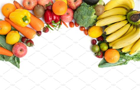 Variety of colorful fresh fruits and vegetables. Raw organic hea ...
