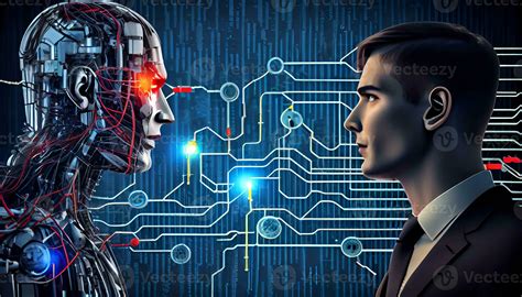 Man and AI robot look at each other. Concept of human and robot war in future. 24588190 Stock ...