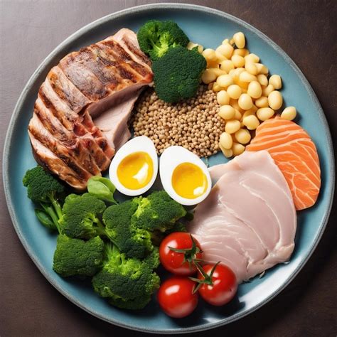 Balanced plate of nutritious protein fats and carbs | Premium AI ...