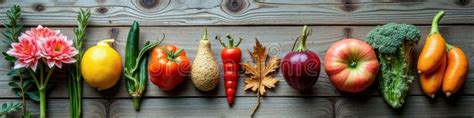 Colorful Array of Fruits and Vegetables on Rustic Wooden Surface Stock ...