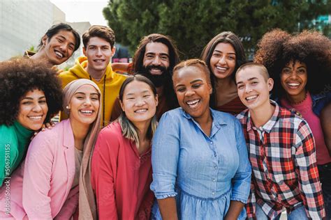 Multiethnic diverse group of people having fun outdoor - Diversity ...