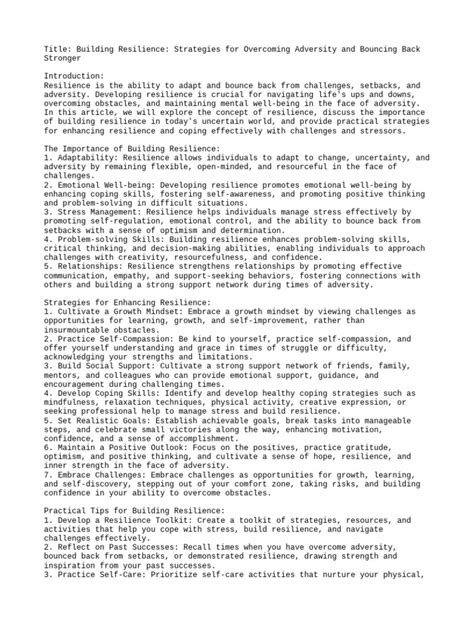 Building Resilience Strategies For Overcoming Adversity and Bouncing ...