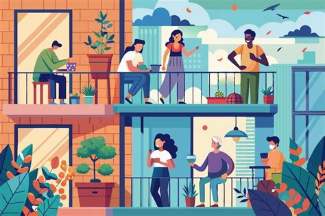 People enjoying leisure activities on balconies in a vibrant urban ...