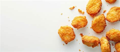Fried chicken nuggets arranged on a white background with space for ...