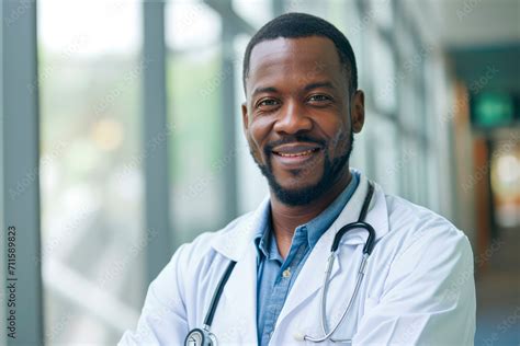 A Smiling Black Doctor Poses with a Stethoscope in a Hospital Corridor ...