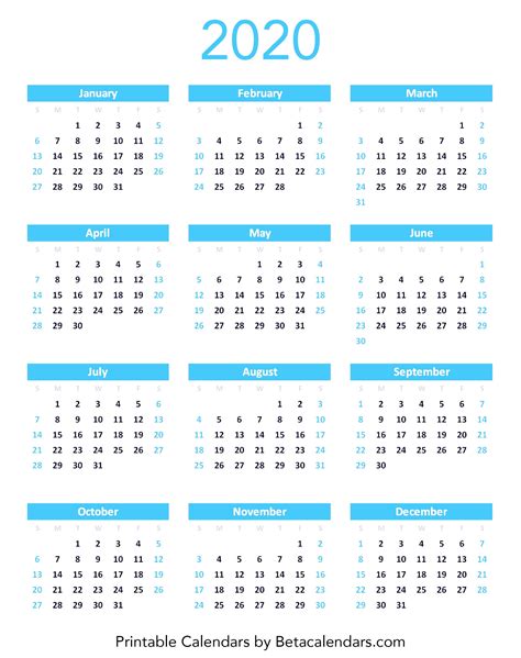 2020 Calendar - Free Printable Yearly Calendar 2020