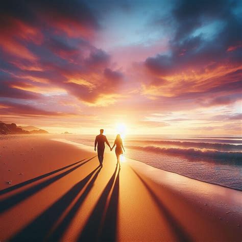 Premium Photo | A couple walking hand in hand along a beach at sunset