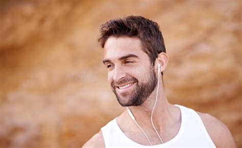 Fitness, Smile and Man with Headphones for Workout, Training and Music ...