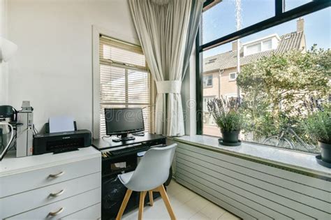 Bright Modern Interior with Computer Setup Stock Photo - Image of urban ...