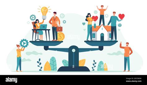 Home and work on scales. Woman and man balancing family and career ...