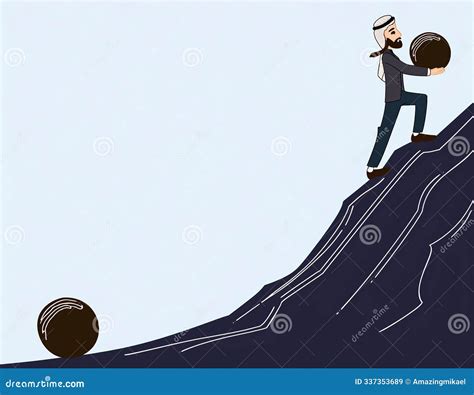 Man Pushing Stone Uphill with Determination Overcoming Obstacles ...