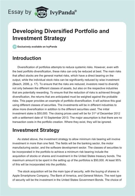 Developing Portfolio and Investment Strategy - 2271 Words | Essay Example